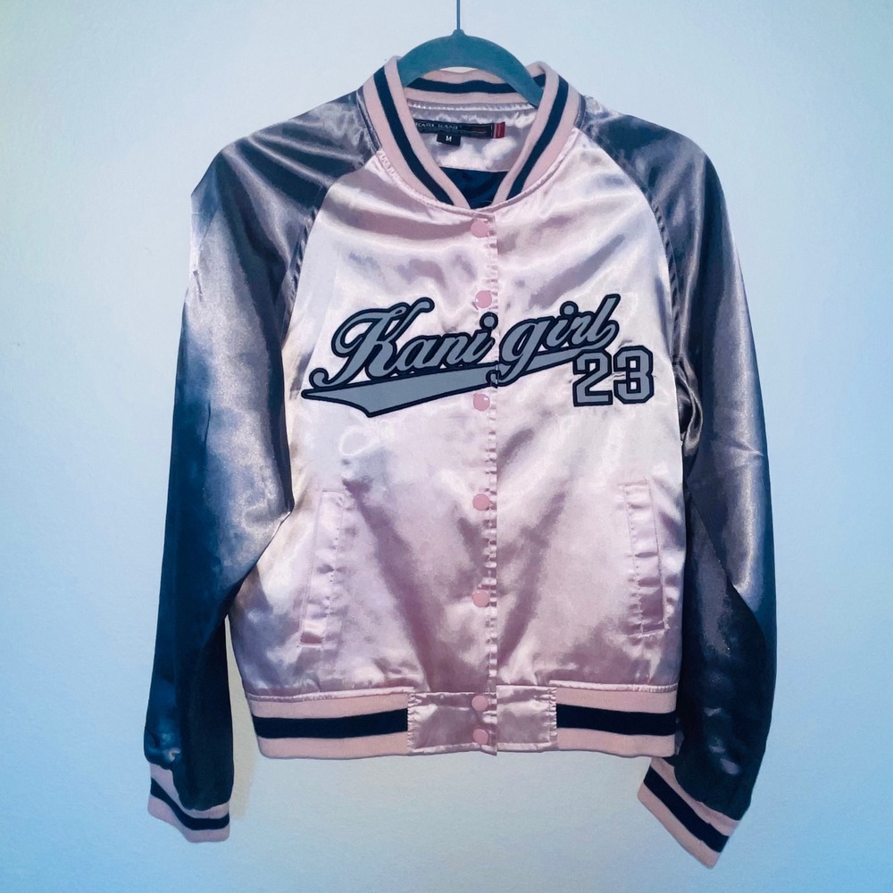 Vintage Karl Kani Kani Girl 23 Satin Varsity Bomber Jacket Medium Pink Grey Y2K